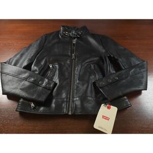 Levi's Women's Black Faux Leather Biker Jacket Buckle Collar Zip Size Small NWT